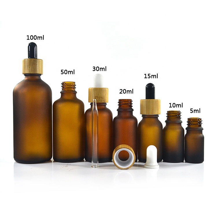 5ml 10ml 15ml 20ml 30ml 50ml 60ml 100ml clear amber blue green frosted glass dropper bottle with bamboo wood lid