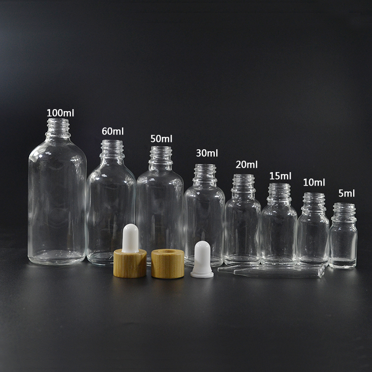 5ml 10ml 15ml 20ml 30ml 50ml 60ml 100ml clear round glass dropper Essential oil bottle with Bamboo dropper cap