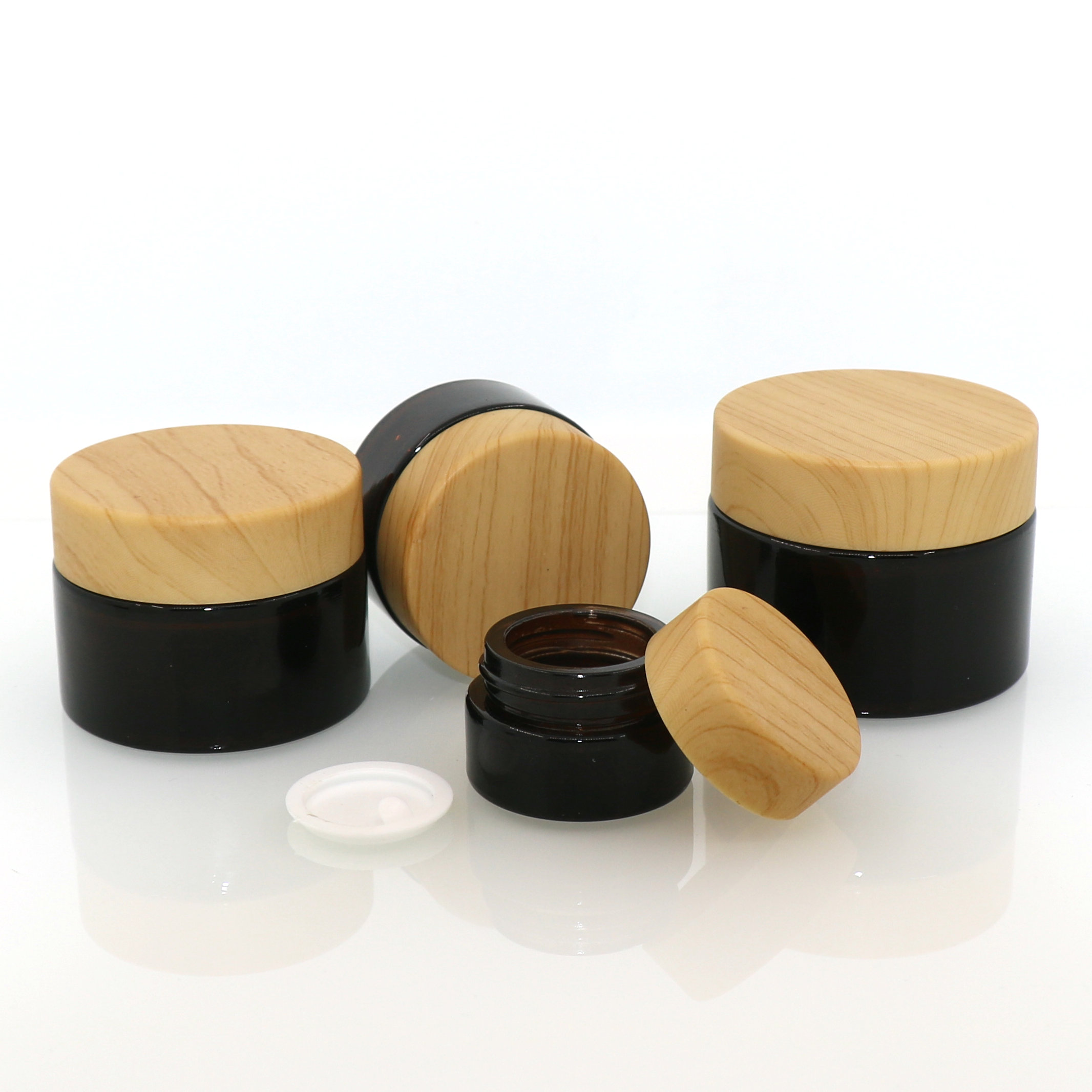 5ml 10ml 15ml 20ml 30ml 50ml 60ml 100ml cosmetic face cream jar amber glass jar with plastic / wooden/ bamboo cap