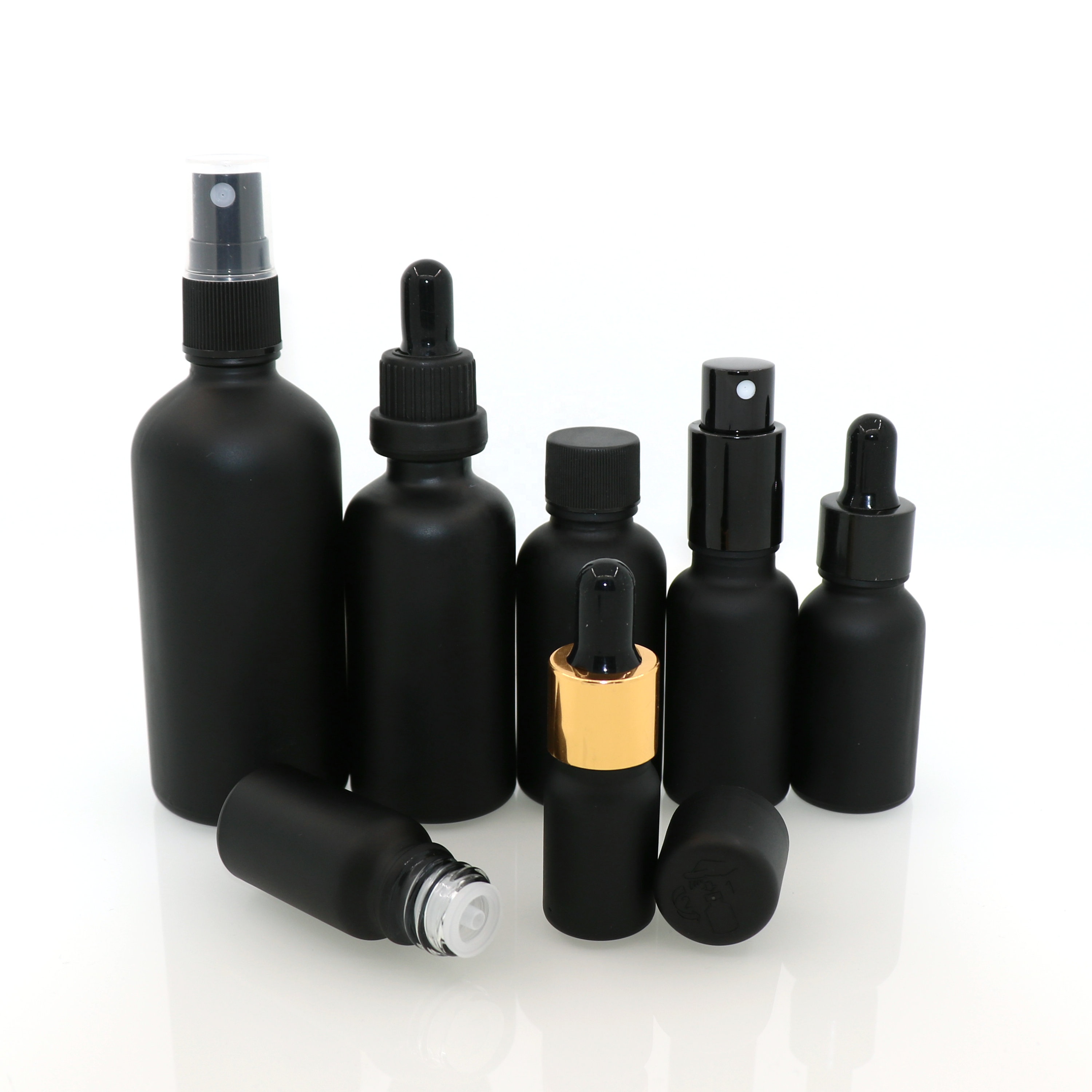 5ml 10ml 15ml 20ml 30ml 50ml 60ml 100ml essential oil spray matt black glass dark violet dropper cosmetic bottles for CBD oil