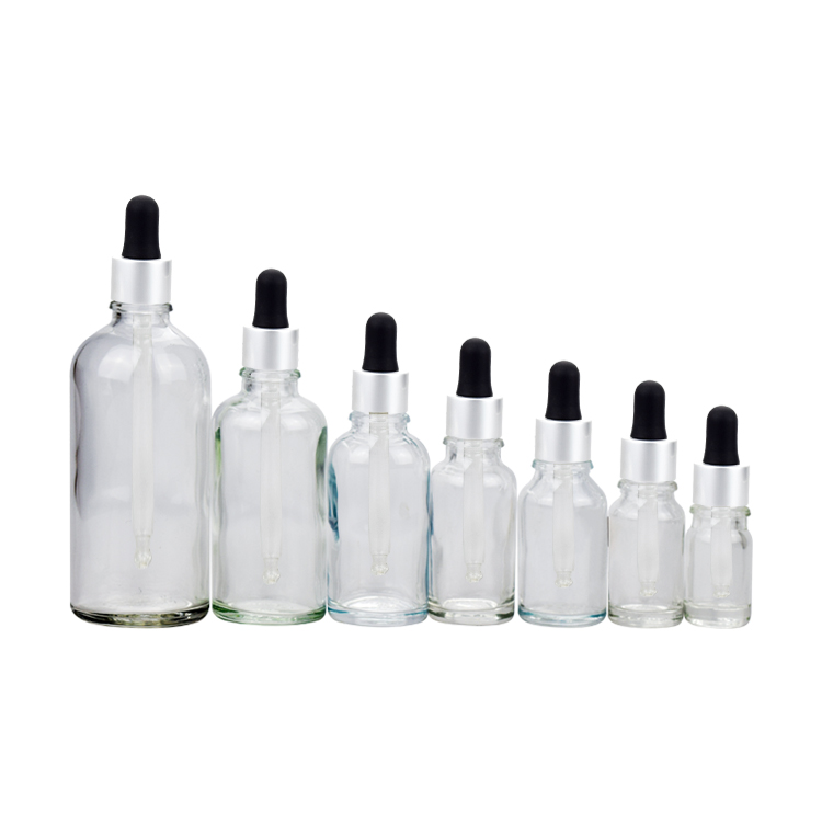 5ml 10ml 15ml 30ml 50ml 100ml Cosmetic clear glass essential oil bottle with silver aluminum dropper cap
