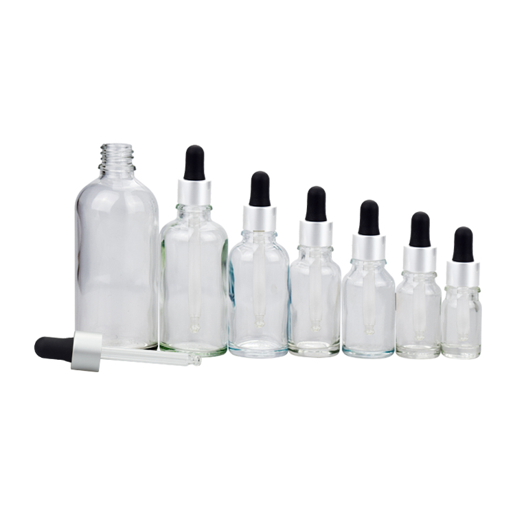 5ml 10ml 15ml 30ml 50ml 100ml Cosmetic clear glass essential oil bottle with silver aluminum dropper cap