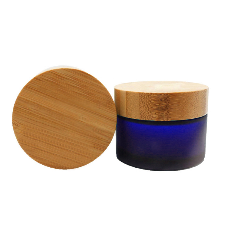 5ml 10ml 15ml 30ml 50ml 100ml blue frosted glass cosmetic cream jar with bamboo cap