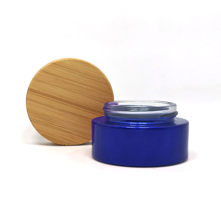 5ml 10ml 15ml 30ml 50ml 100ml blue frosted glass cosmetic cream jar with bamboo cap