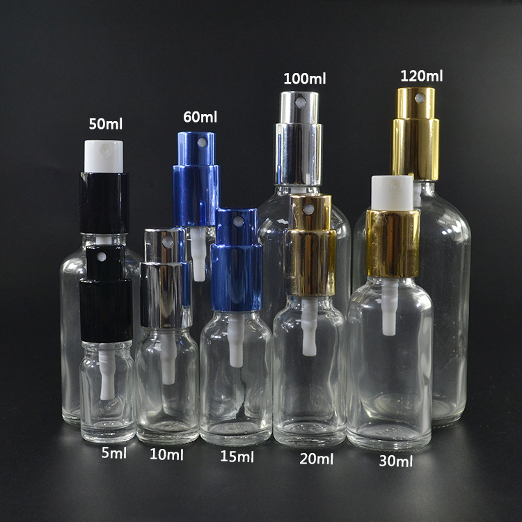 5ml 10ml 15ml 30ml 50ml 100ml clear green amber cobalt blue black frosted glass perfume serum bottle with mist spray pump cap