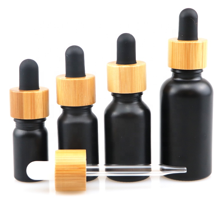 5ml 10ml 15ml 30ml bamboo lid bamboo dropper bottle black frosted bamboo cosmetic packaging