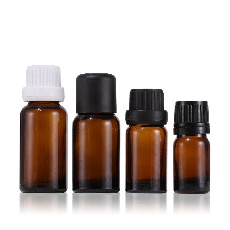 5ml 10ml 15ml Mini Amber Essential Oil Glass Sample Vial Euro Dropper Bottle With White Black Tamper Evident Dropper Cap