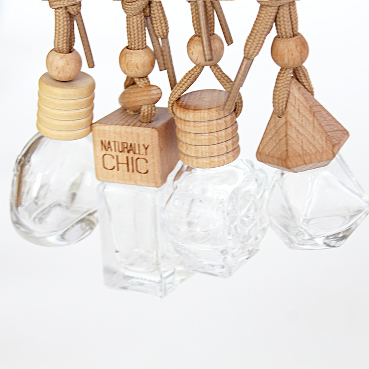 5ml/10ml/15ml glass square perfume bottle hanging car perfume bottle with wooden lid