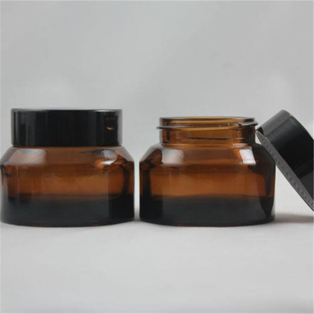 5ml 10ml 20ml 30ml 50ml 100ml Customized Cosmetic Packaging Glass Amber Cream Jar with plastic black lid or aluminium lid