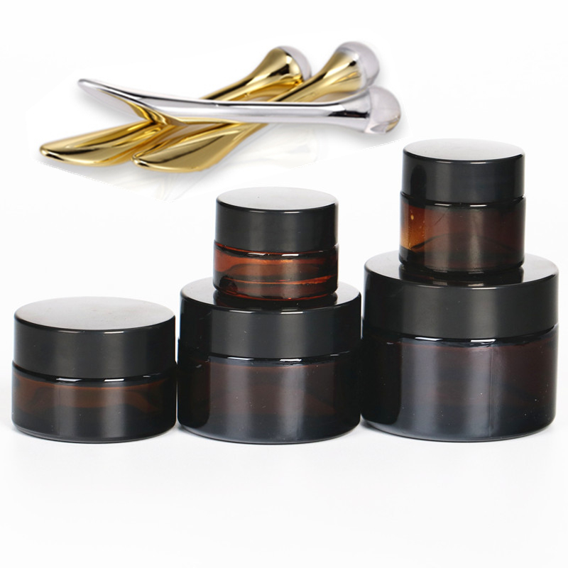 5ml 10ml 20ml 30ml 50ml 100ml black amber red glass Cosmetic Cream Jar With Spatula
