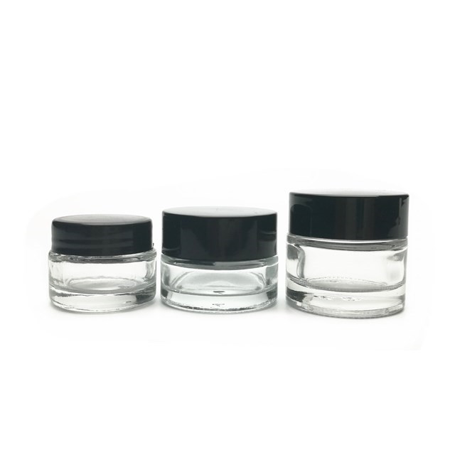 5ml 10ml 20ml clear round glass cream cosmetic jar with inner plug and black plastic cap