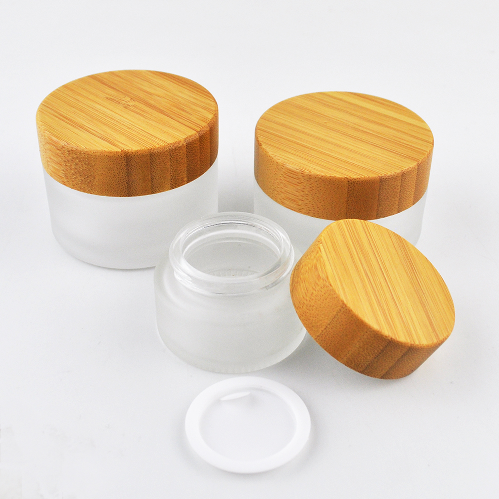 5ml 10ml 30ml 50ml 100ml clear frosted empty glass cosmetic cream jar with natural bamboo lid