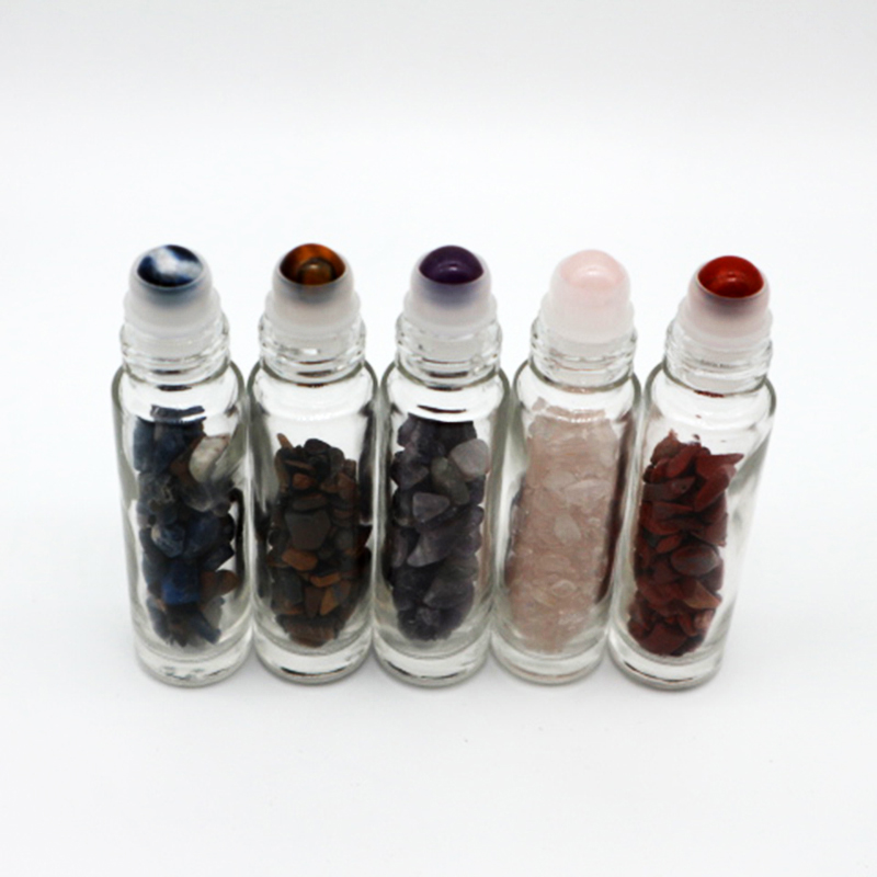 5ml 10ml Clear Gemstone Roller Ball Glass Essential Oil Roll On Bottle with Crystal Chips Inside