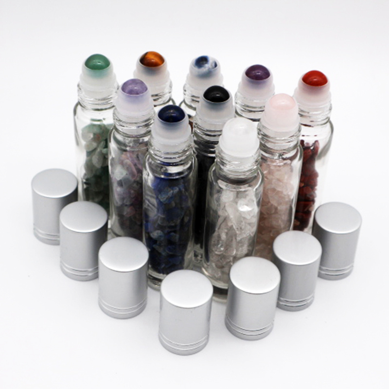 5ml 10ml Clear Gemstone Roller Ball Glass Essential Oil Roll On Bottle with Crystal Chips Inside