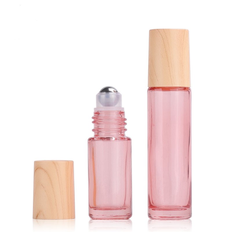 5ml 10ml Rose gold shinny matte glass roll on essential oil bottle with wood grain cap