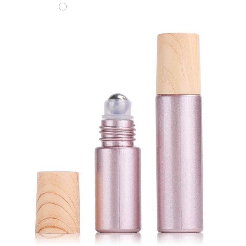 5ml 10ml Rose gold shinny matte glass roll on essential oil bottle with wood grain cap