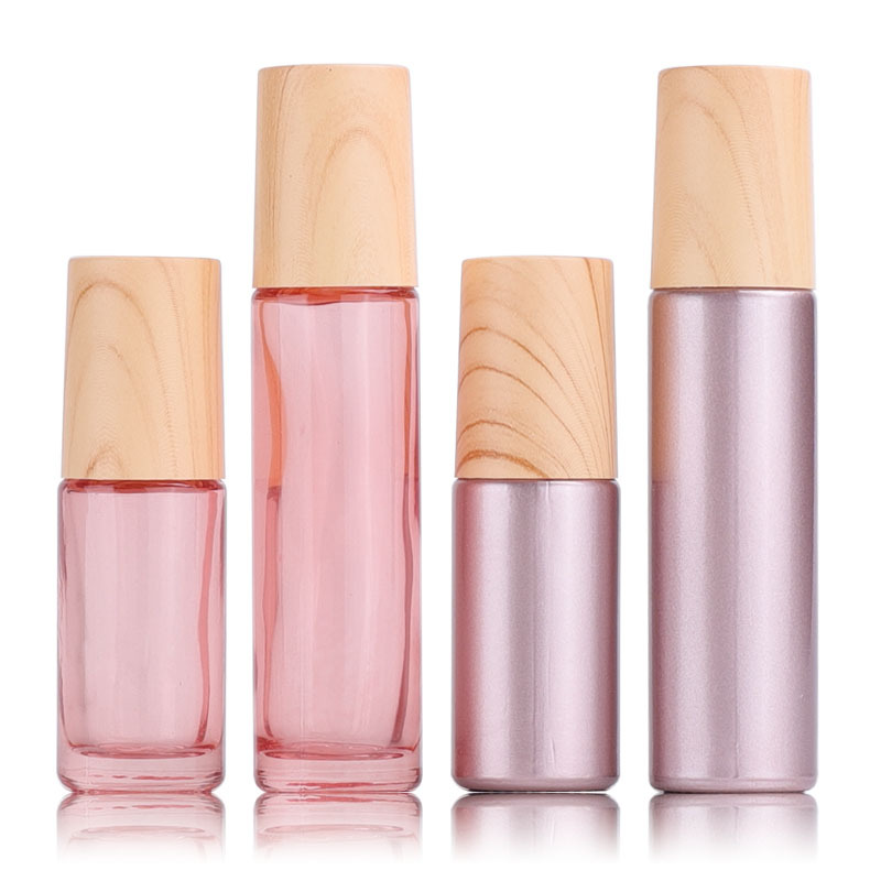 5ml 10ml Rose gold shinny matte glass roll on essential oil bottle with wood grain cap