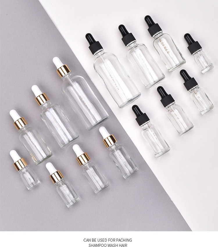 5ml 10ml glass clear/amber essential oil bottle 30 ml 50ml glass dropper bottle with gold cap for aroma perfume oil