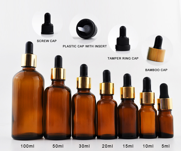 5ml 10ml glass clear/amber essential oil bottle 30 ml 50ml glass dropper bottle with gold cap for aroma perfume oil
