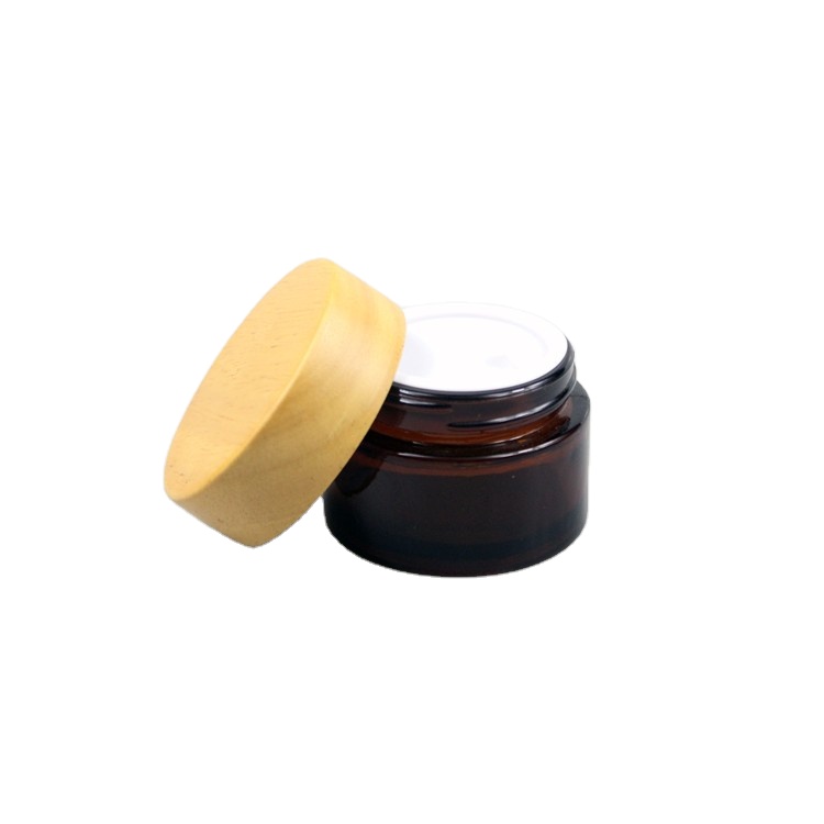 5ml 15ml 30ml 50ml 100ml Frosted amber cosmetic glass cream jar with custom printing with wooden lid gold lid silver lid
