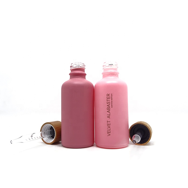 5ml 15ml 30ml 50ml 100ml Pink Frost Glass Serum Cosmetic Oil Dropper Bottles with Bamboo Lid