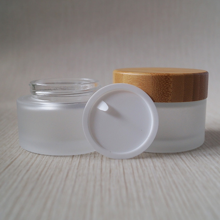 5ml 15ml 30ml 50ml 100ml Tarros cosmeticos de vidrio esmerilado con tapa de madera para crema corporal