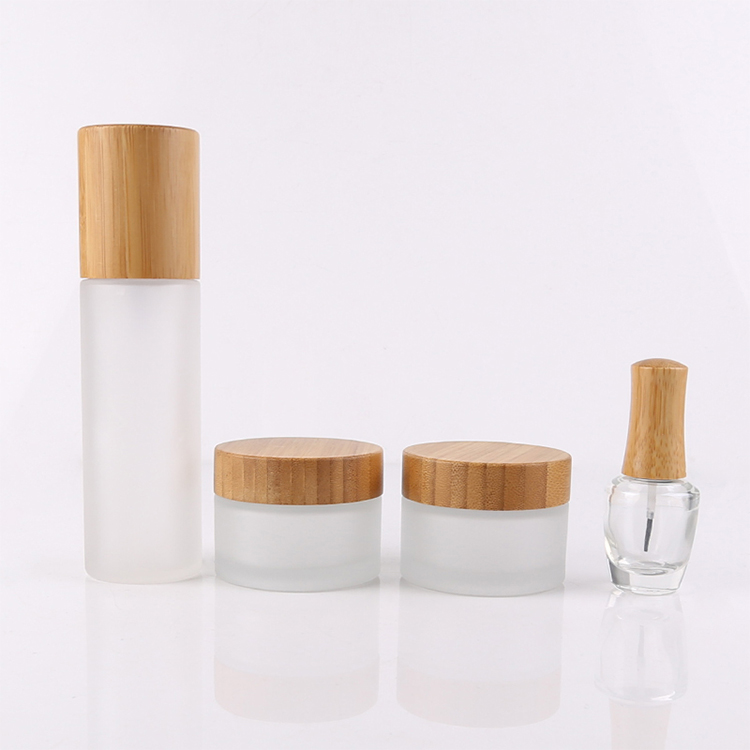 5ml 15ml 30ml 50ml 100ml cosmetic bottle jar clear frosted glass jar with bamboo wood lid for face cream