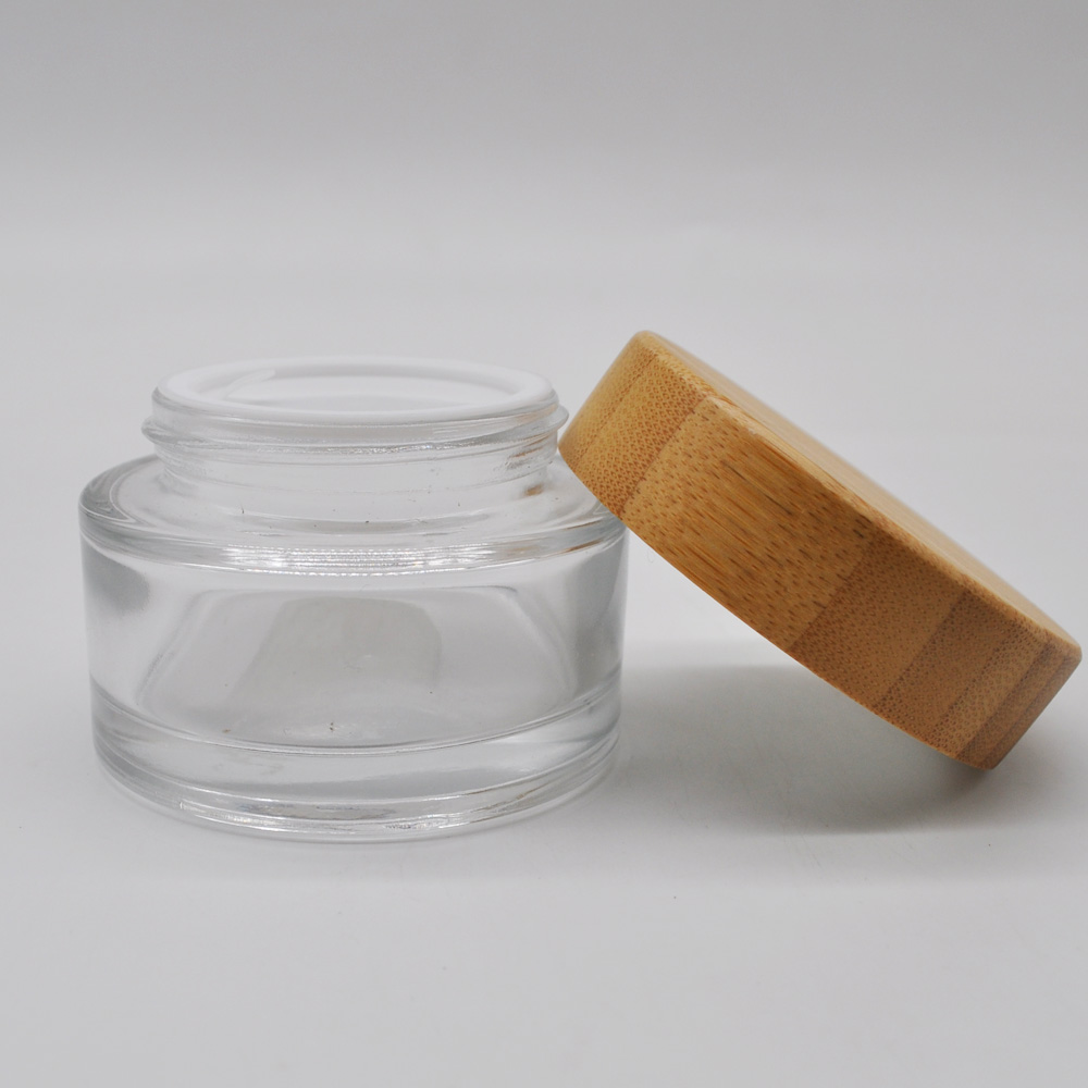 5ml 15ml 30ml 50ml 100ml cosmetic clear frosted glass cream jar with bamboo wood cap