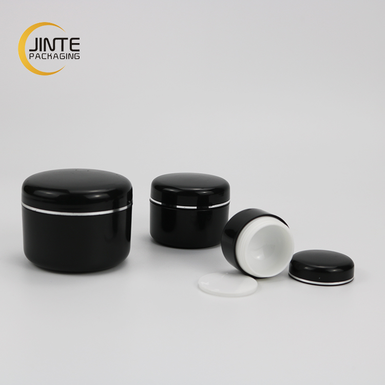 5ml 15ml 30ml 50ml Glossy Black Pp Double Wall Cream Jar With Silver Rim Decoration For Skincare Products