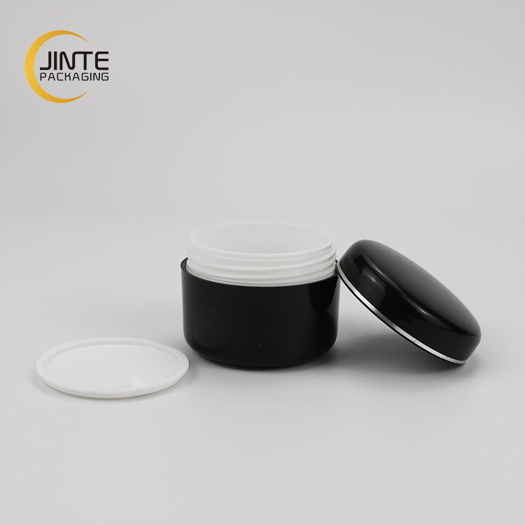 5ml 15ml 30ml 50ml Glossy Black Pp Double Wall Cream Jar With Silver Rim Decoration For Skincare Products