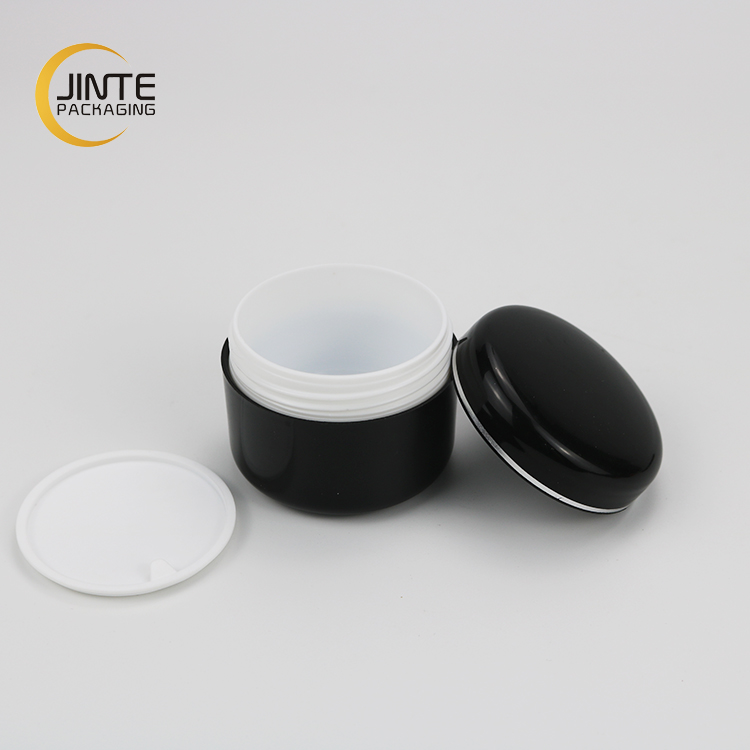5ml 15ml 30ml 50ml Glossy Black Pp Double Wall Cream Jar With Silver Rim Decoration For Skincare Products