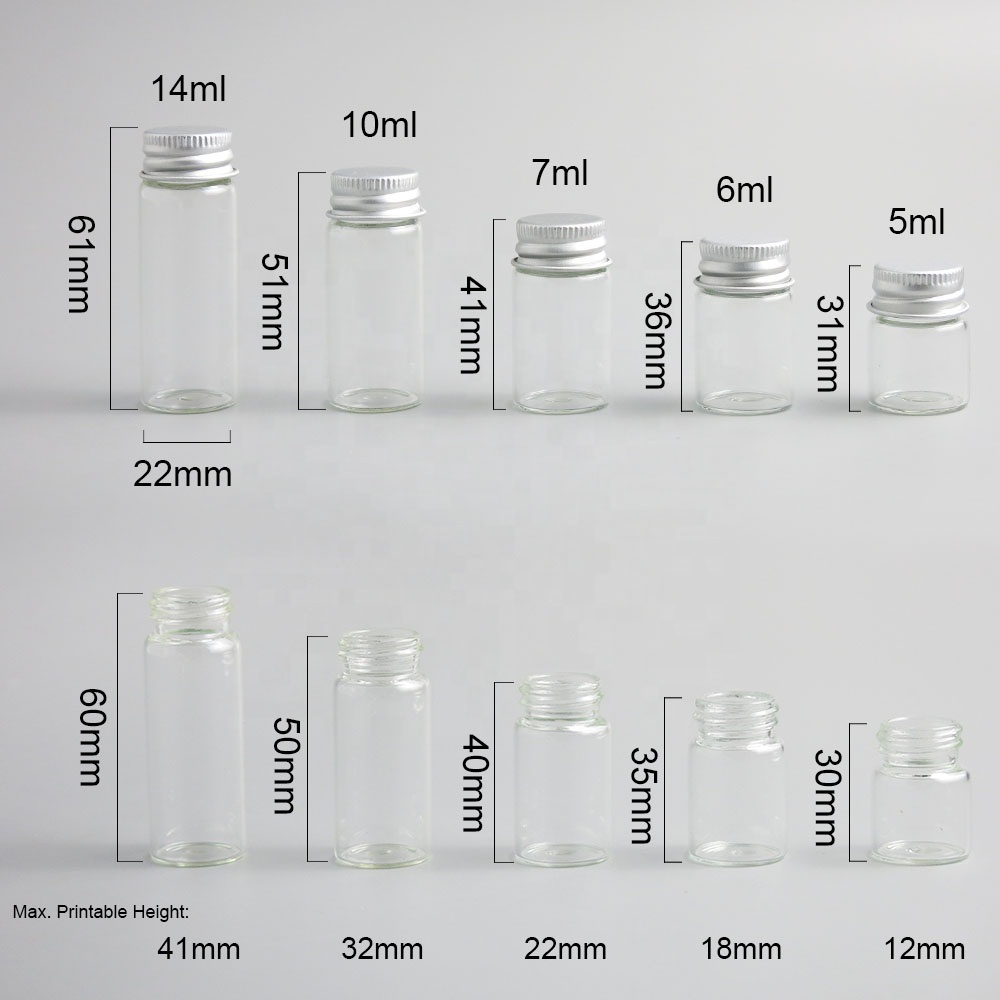 5ml 6ml 7ml 10ml 14ml cylinder empty clear mini Small glass jar bottle with screw cap Silver Aluminium lid storage packaging