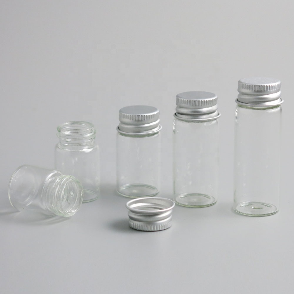 5ml 6ml 7ml 10ml 14ml cylinder empty clear mini Small glass jar bottle with screw cap Silver Aluminium lid storage packaging