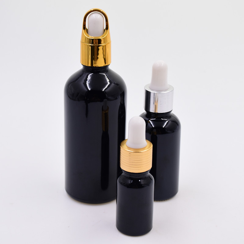 5ml glossy black cosmetic packaging containers glass essential oil dispensing sample test bottle with dropper pump spray cap