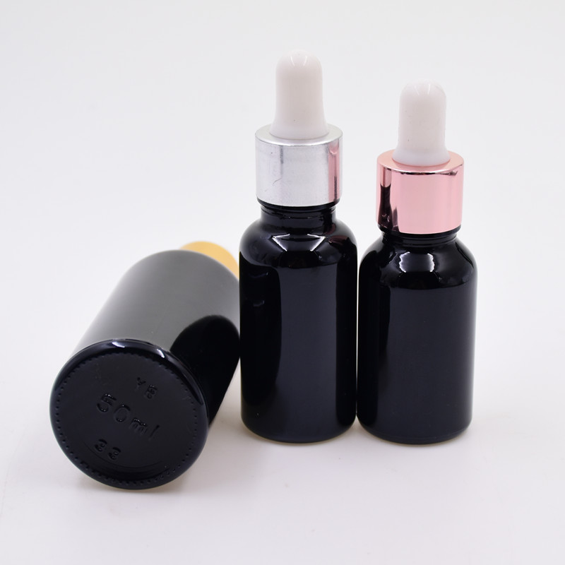 5ml glossy black cosmetic packaging containers glass essential oil dispensing sample test bottle with dropper pump spray cap