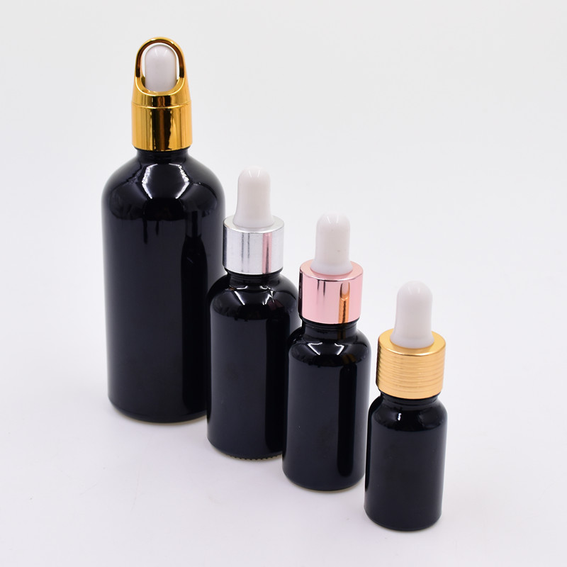 5ml glossy black cosmetic packaging containers glass essential oil dispensing sample test bottle with dropper pump spray cap
