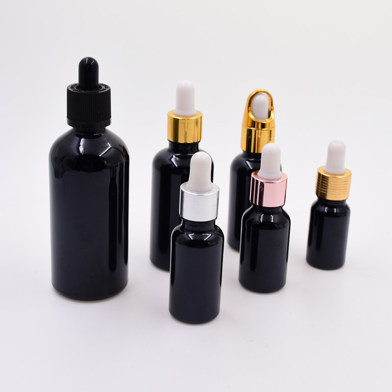 5ml glossy black cosmetic packaging containers glass essential oil dispensing sample test bottle with dropper pump spray cap