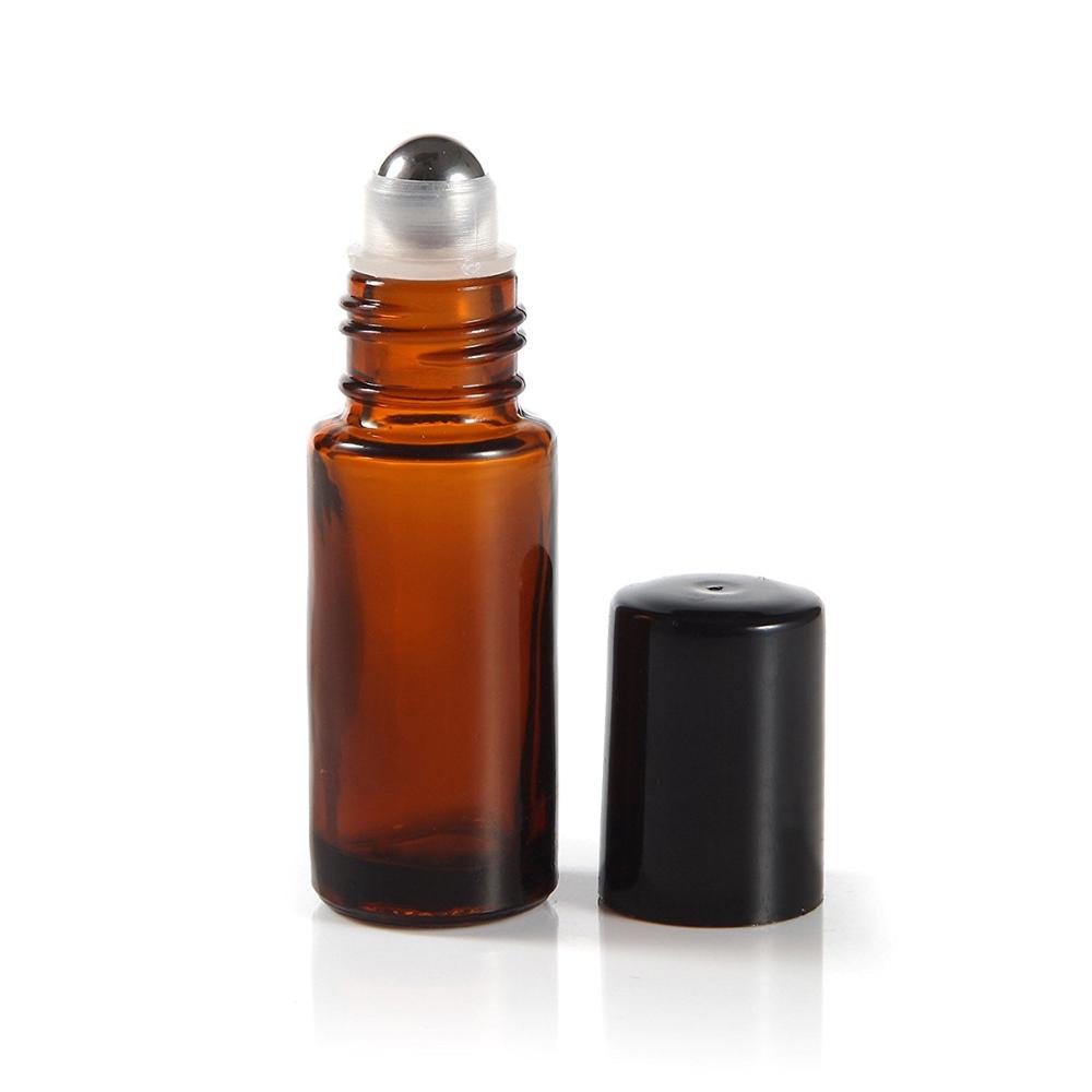 5ml thick amber glass bottle  empty essential oil roller bottles with metal stainless steel roller ball and black cap