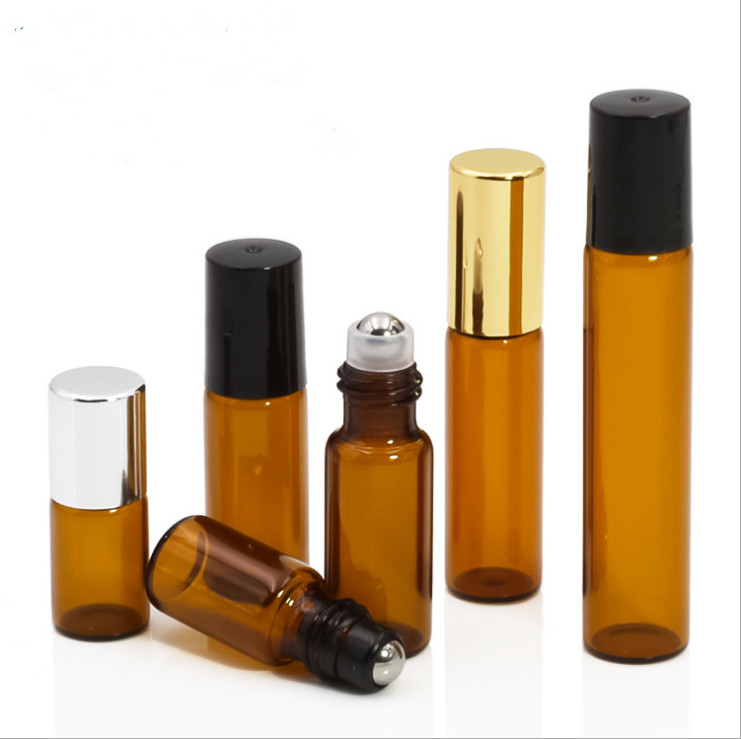 5ml thick amber glass bottle empty essential oil roller bottles with metal stainless steel roller ball and black cap