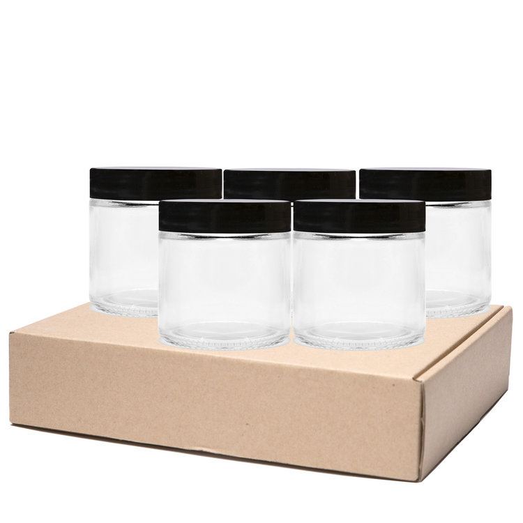 5oz 150ml Straight Sided Glass Cream Jars with White Black Plastic Lids
