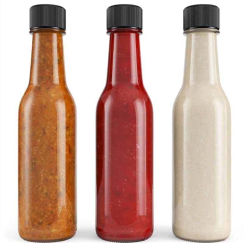 5oz 150ml clear hot sauce glass bottle with plastic cap and heat shrinkable film