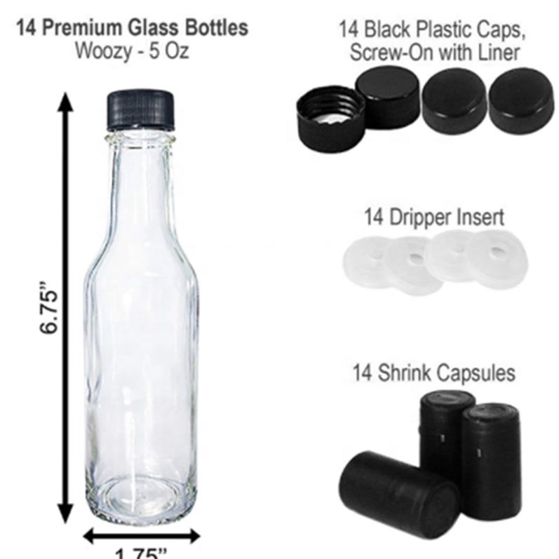 5oz 150ml clear hot sauce glass bottle with plastic cap and heat shrinkable film