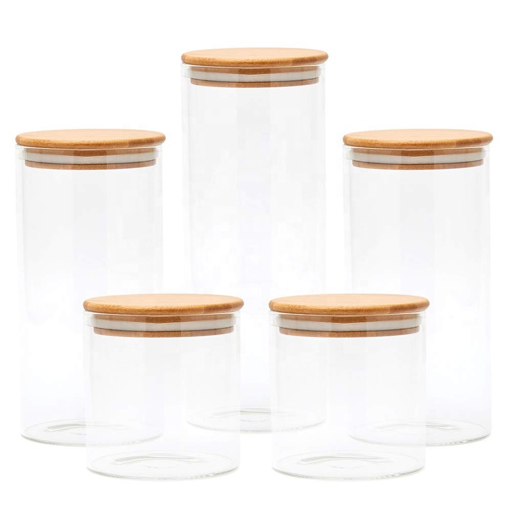 5pc Airtight Borosilcate Glass Food Storage Jars Canister Set with Wood Bamboo Lids
