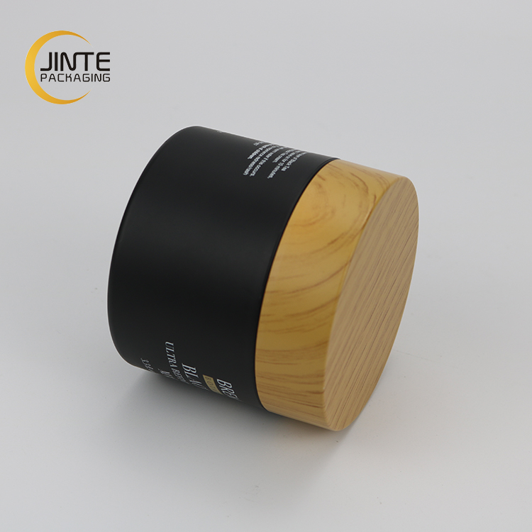6.7OZ 200ml Matte Black Cosmetic Jar With Printed Wooden Cap
