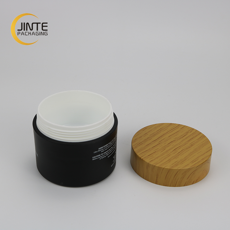 6.7OZ 200ml Matte Black Cosmetic Jar With Printed Wooden Cap