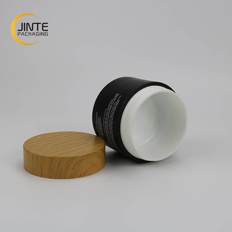 6.7OZ 200ml Matte Black Cosmetic Jar With Printed Wooden Cap