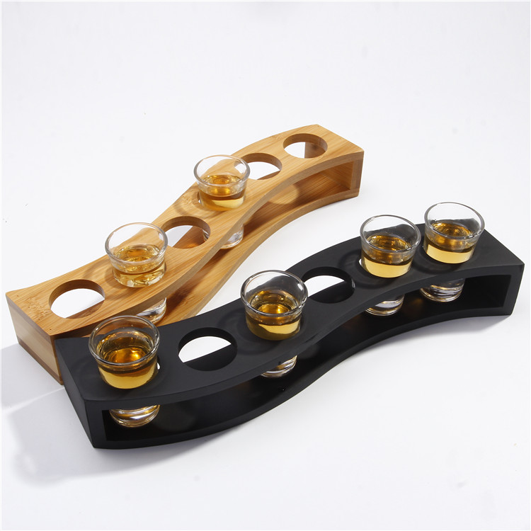 6 Glass Holder Dispenser Filling Liquids Shots Multiple 6 pieces in one wooden tray with color box