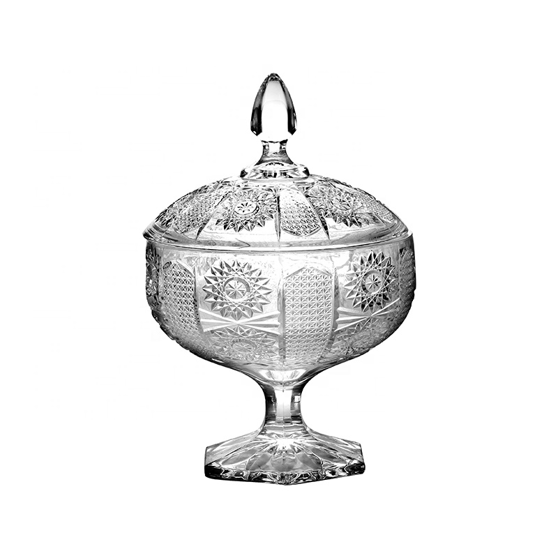 6 inch High White Quality Clear Glass Candy Pot with Lid Candy Jar with Stem