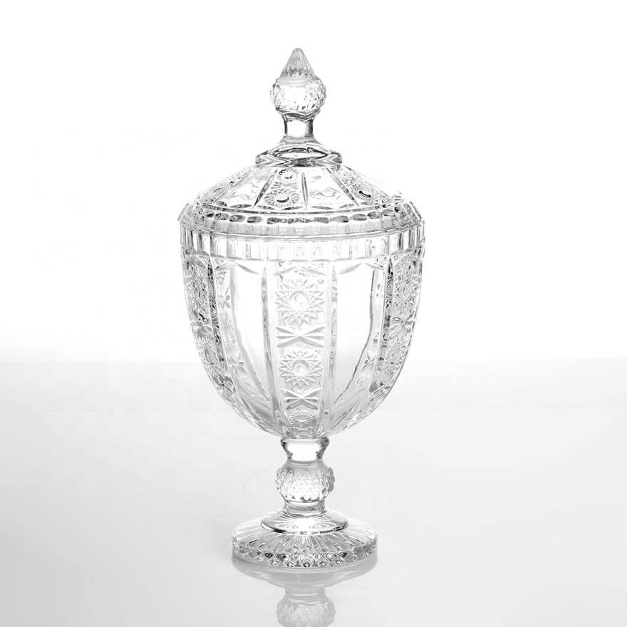 6 inch High White Quality Clear Glass Candy Pot with Lid Candy Jar with Stem