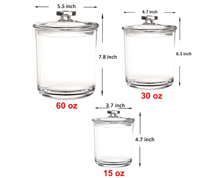 60-Ounce, 30-Ounce and 15-Ounce Clear Plastic Apothecary Jars Set of 3
